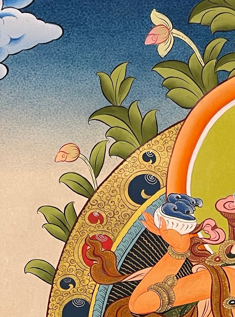 Vajrasattva with Consort thangka, detail: top-left corner