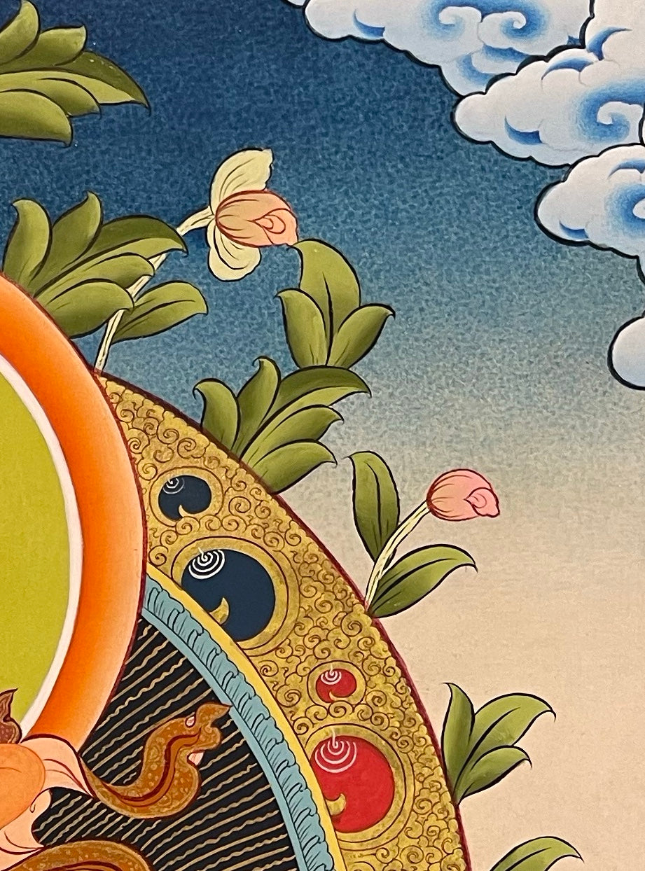 Vajrasattva with Consort thangka, detail: top-right corner