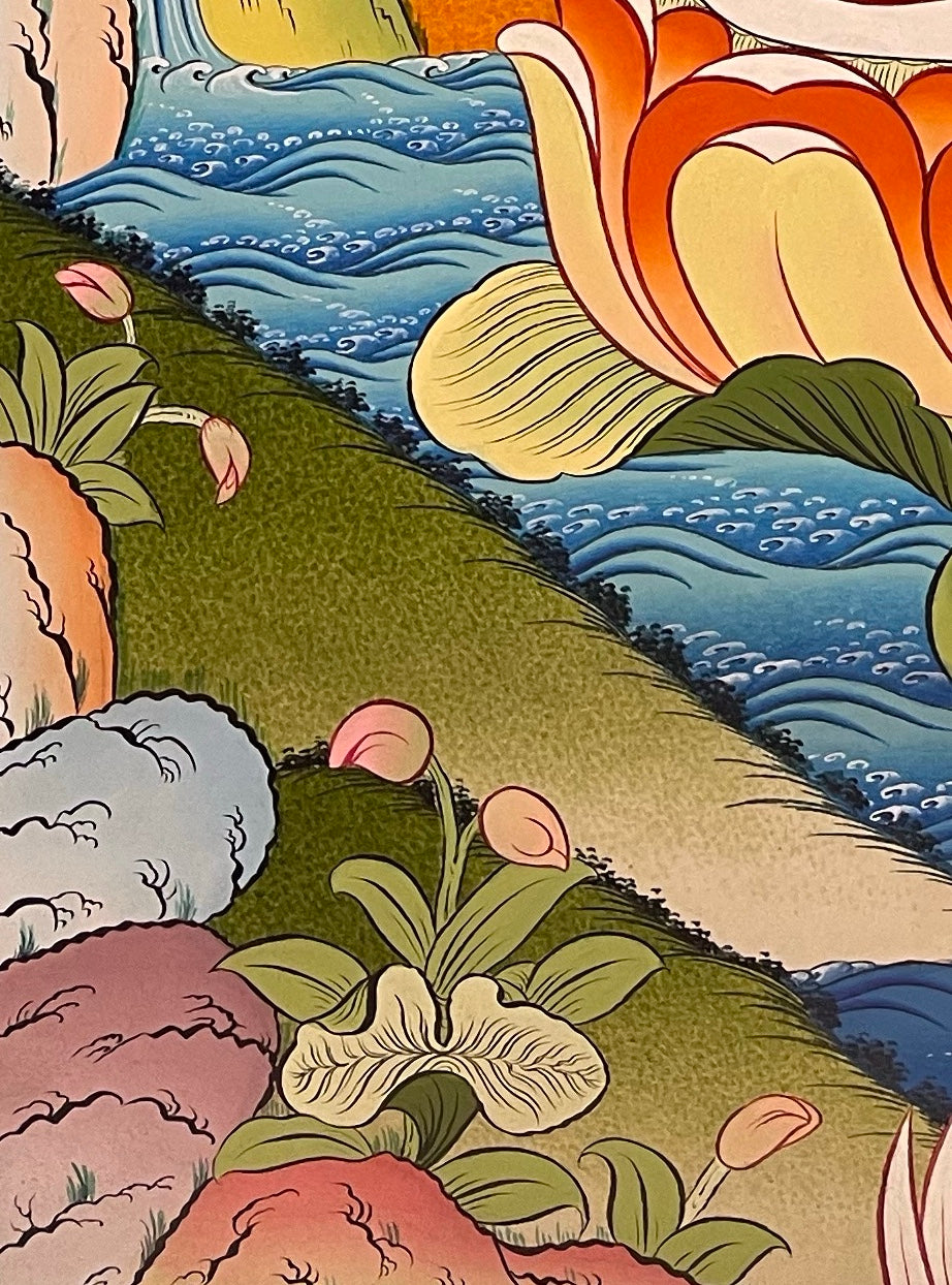 Vajrasattva with Consort thangka, detail: bottom-left corner