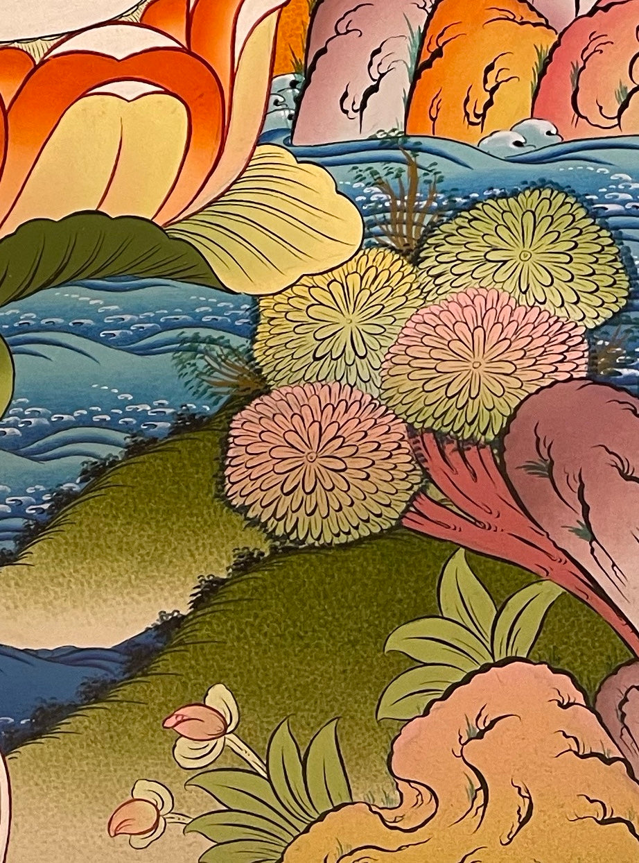 Vajrasattva with Consort thangka, detail: bottom-right corner