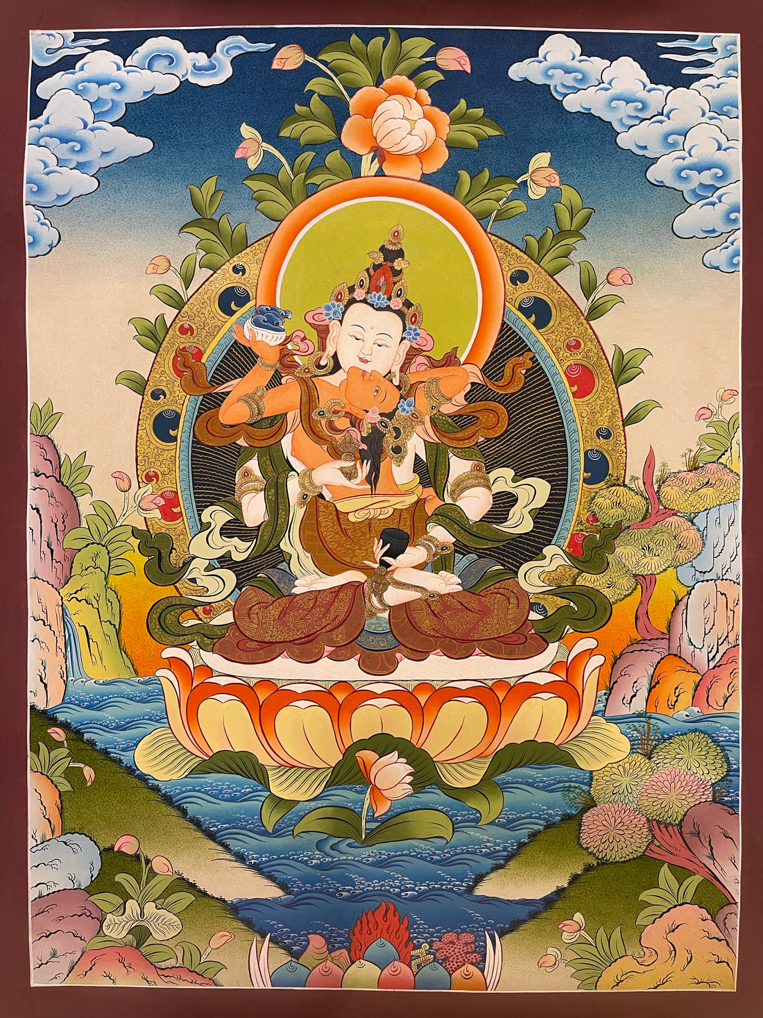Vajrasattva with Consort thangka, 56×73 cm: white Vajrasattva in union with his red consort on an orange lotus above a river