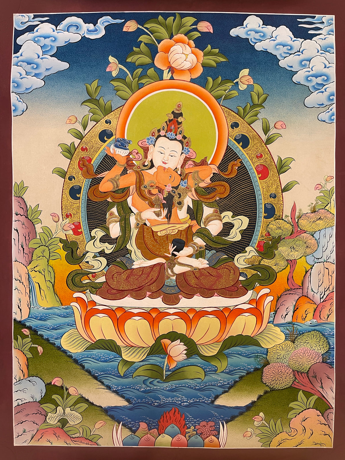 Vajrasattva with Consort thangka, 56×73 cm: white Vajrasattva in union with his red consort on an orange lotus above a river