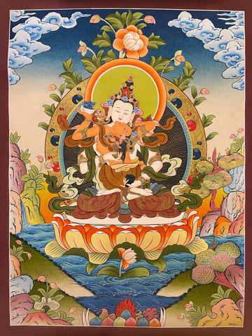 Vajrasattva with Consort thangka, 56×73 cm: white Vajrasattva in union with his red consort on an orange lotus above a river
