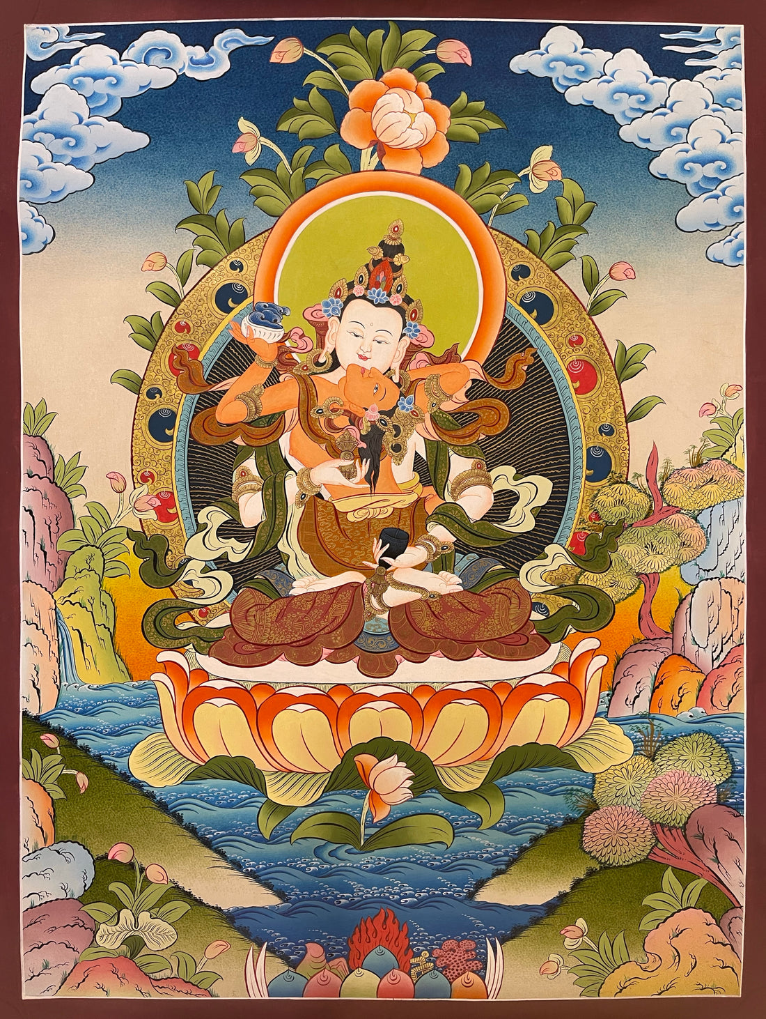Vajrasattva with Consort thangka, 56×73 cm: white Vajrasattva in union with his red consort on an orange lotus above a river