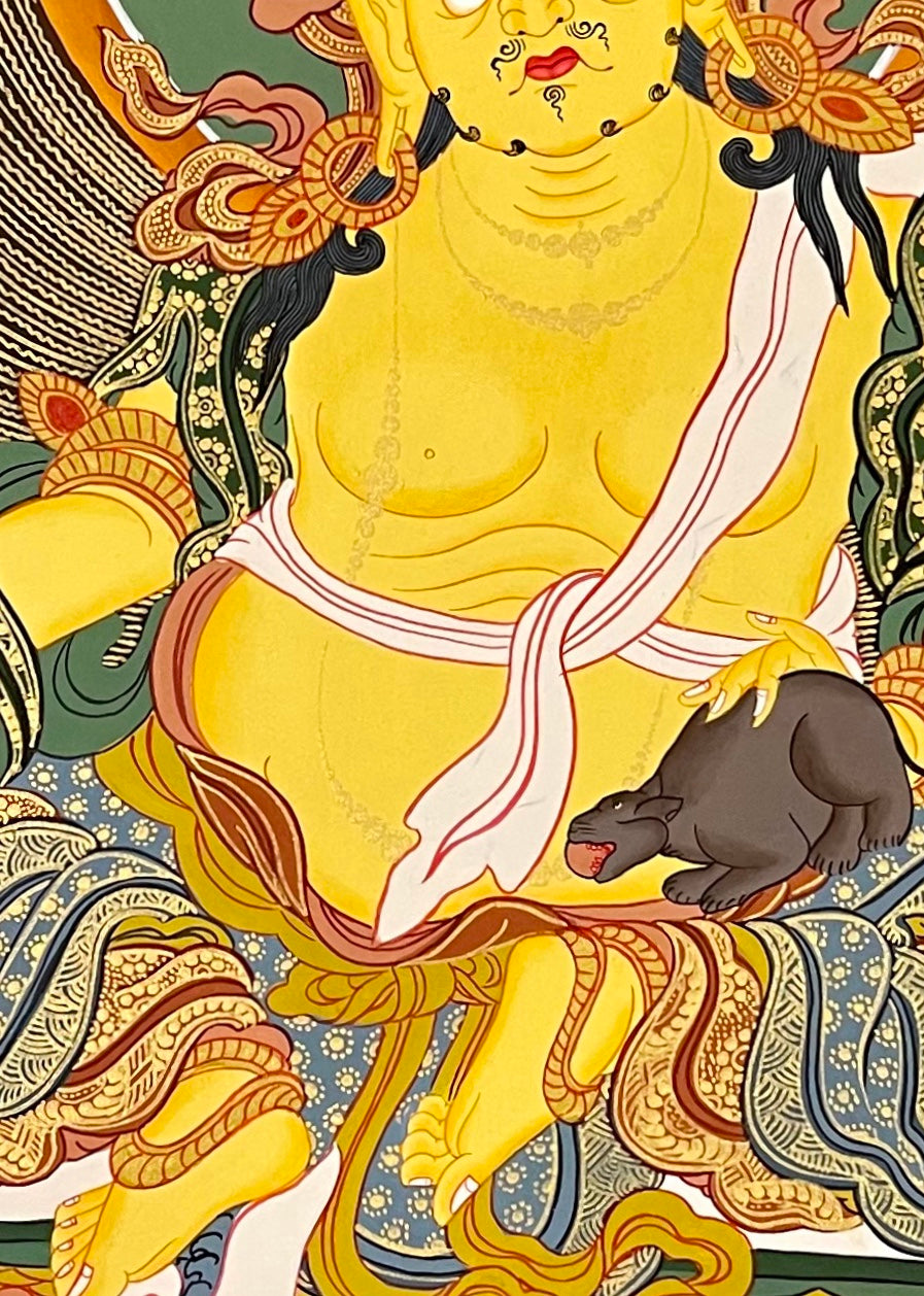 Jambhala thangka, 60×83 cm: Yellow Jambhala with Red, Green, White and Black Jambhala around him