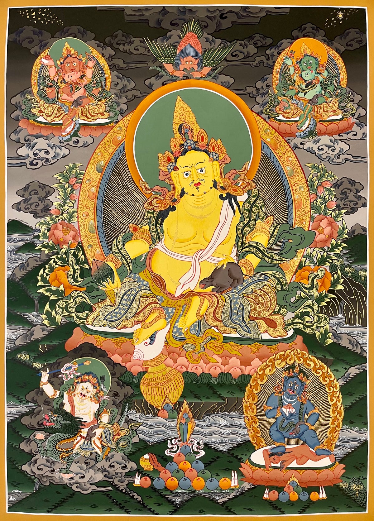 Jambhala thangka, 60×83 cm: Yellow Jambhala with Red, Green, White and Black Jambhala around him