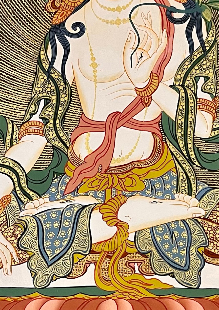 White Tara thangka, 58×79 cm: White Tara on a peach lotus, with Shakyamuni, Medicine Buddha and Vajrasattva