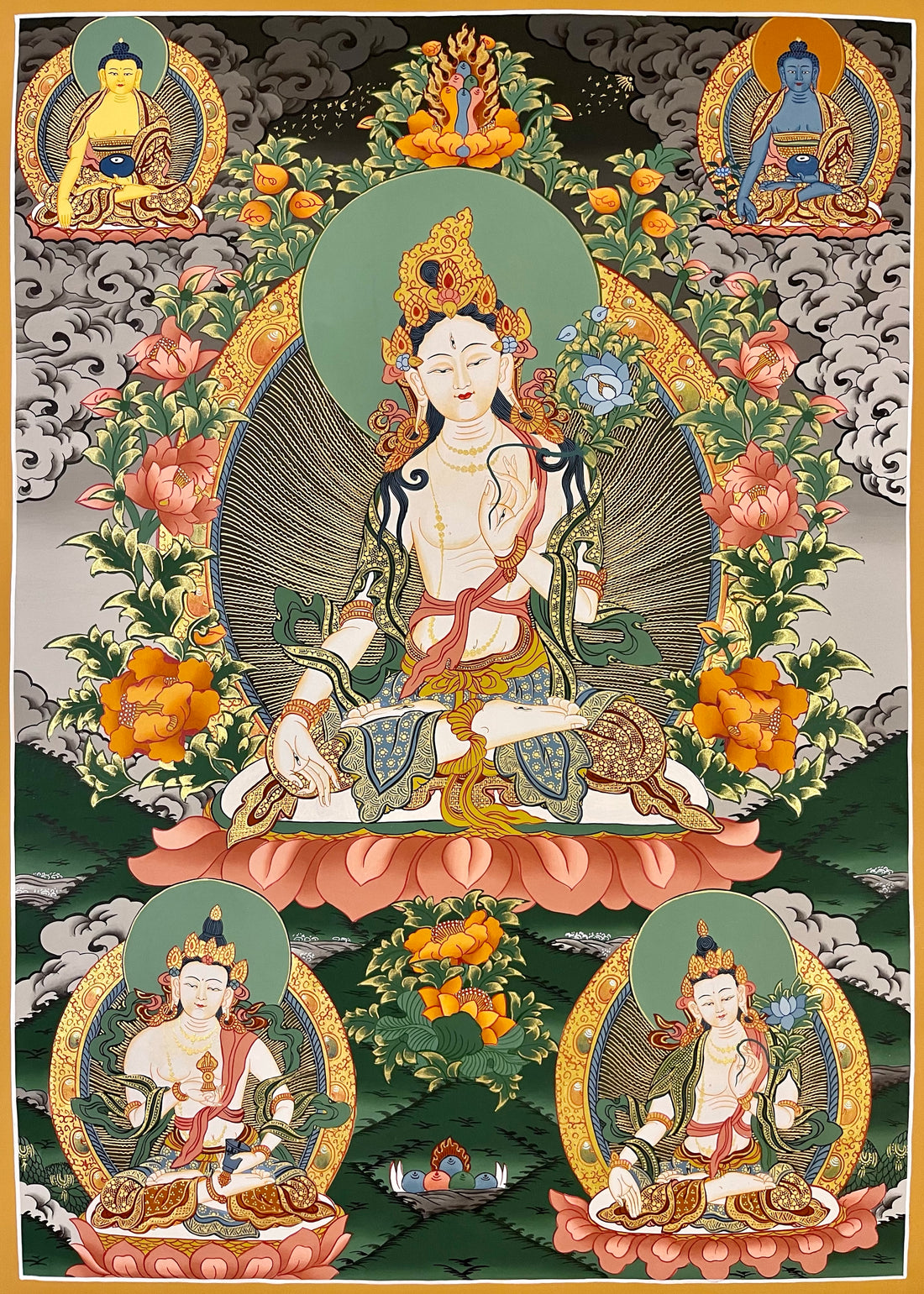 White Tara thangka, 58×79 cm: White Tara on a peach lotus, with Shakyamuni, Medicine Buddha and Vajrasattva