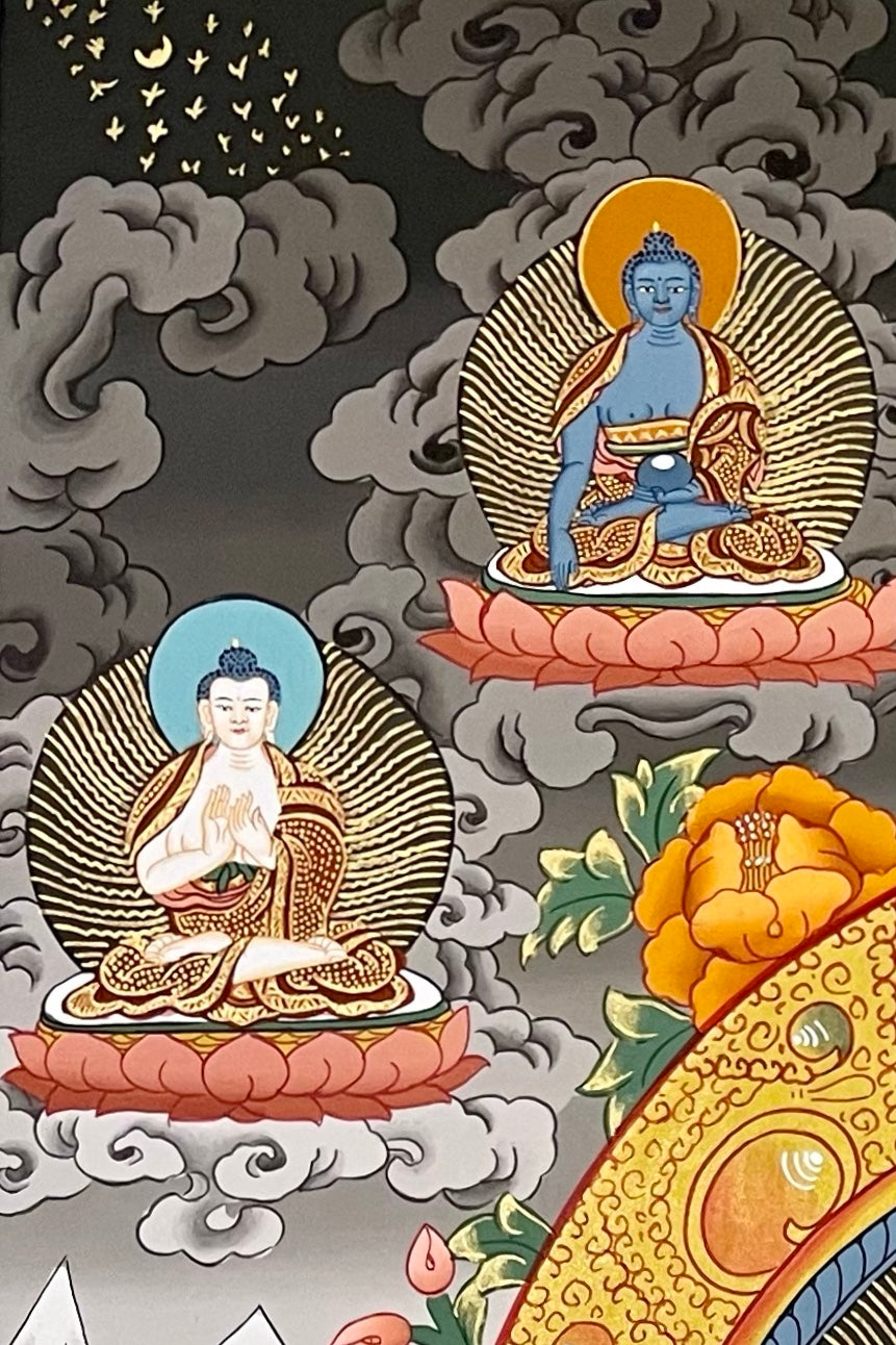 Chenrezig thangka, detail: top-left corner