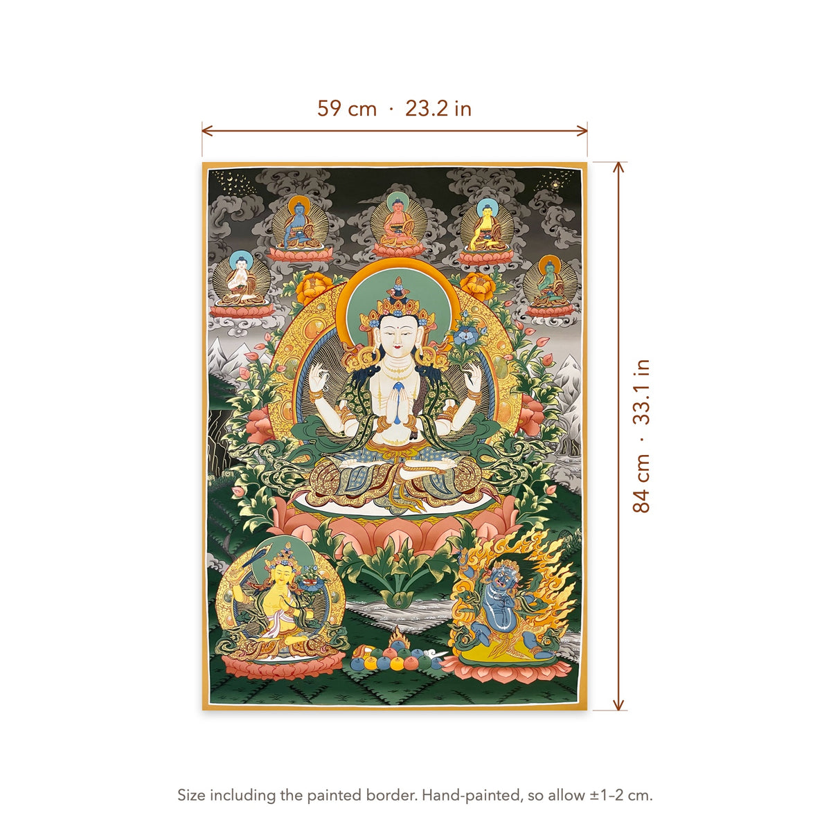 Size diagram: 59 × 84 cm (23.2 × 33.1 in), including the painted border