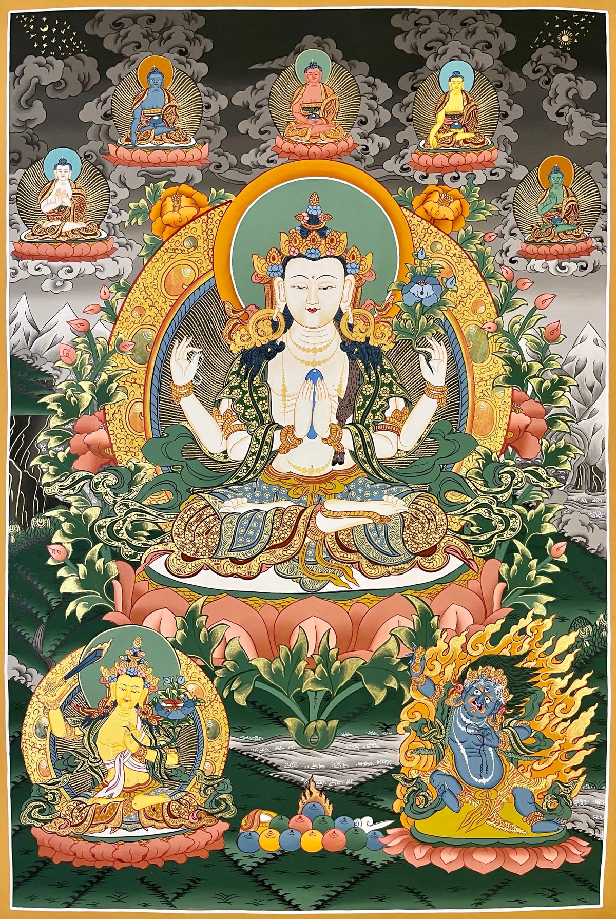 Chenrezig thangka, 59×84 cm: four-armed Chenrezig with five Buddhas above and Manjushri and Vajrapani below
