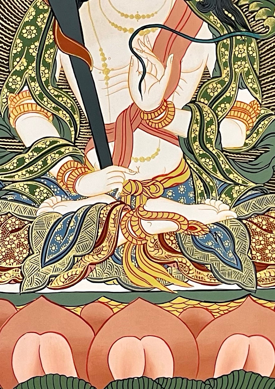 Manjushri thangka, 60×82 cm: white Manjushri among peonies, with Amitabha and Medicine Buddha above and two deities below
