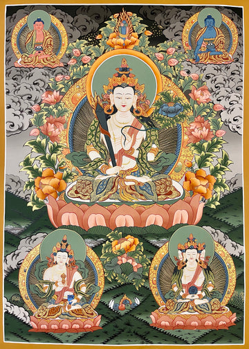 Manjushri thangka, 60×82 cm: white Manjushri among peonies, with Amitabha and Medicine Buddha above and two deities below