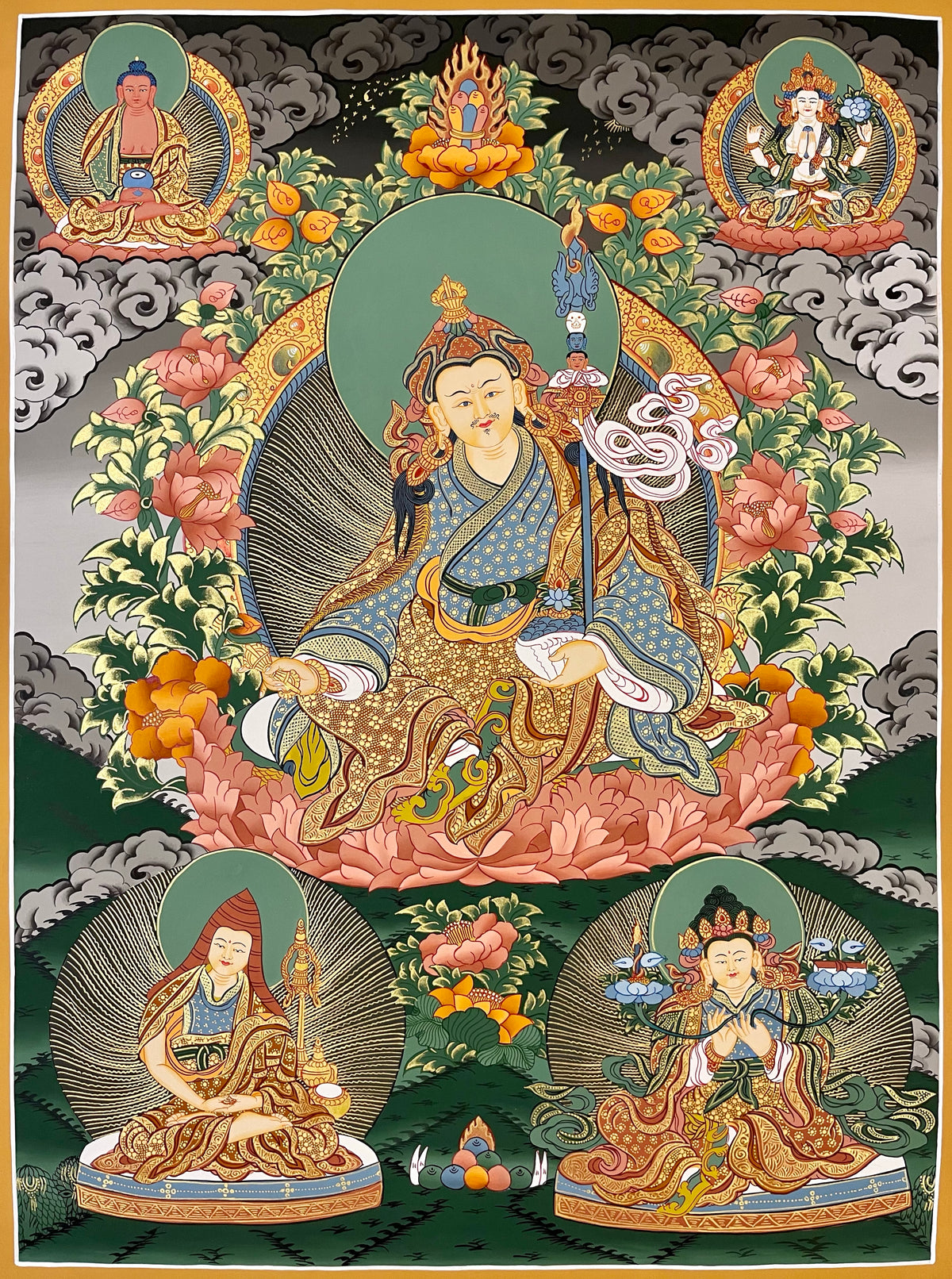Padmasambhava thangka, 60×79 cm: Padmasambhava on a lotus with Amitabha and Chenrezig above and a scholar and a king below