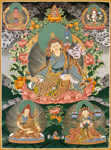 Padmasambhava thangka, 60×79 cm: Padmasambhava on a lotus with Amitabha and Chenrezig above and a scholar and a king below