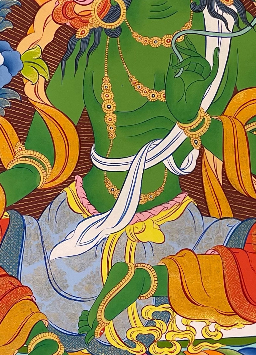Green Tara thangka, detail: centre