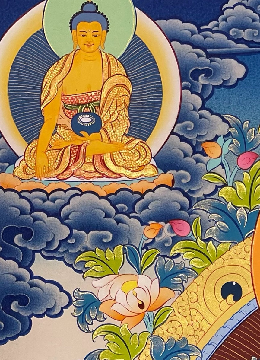 Green Tara thangka, detail: top-left corner