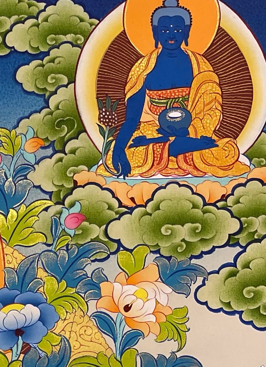 Green Tara thangka, detail: top-right corner