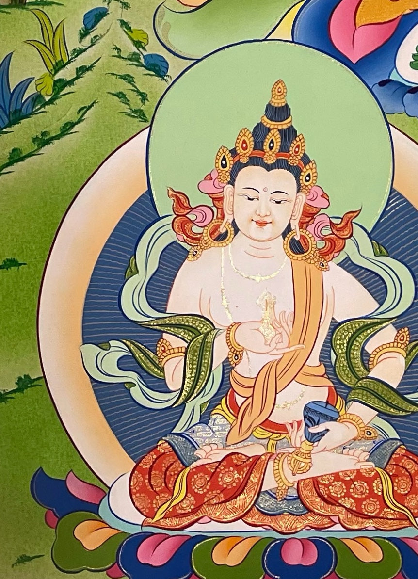 Green Tara thangka, detail: bottom-left corner