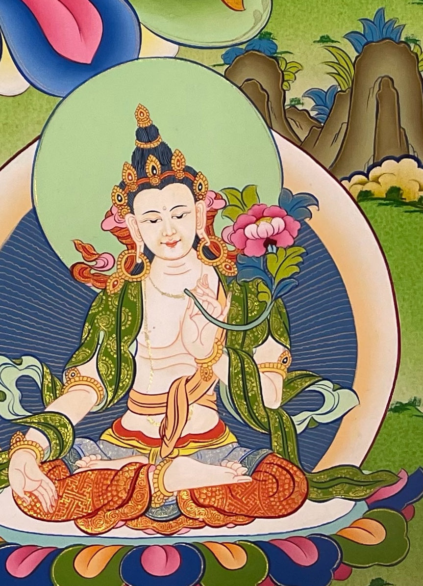 Green Tara thangka, detail: bottom-right corner