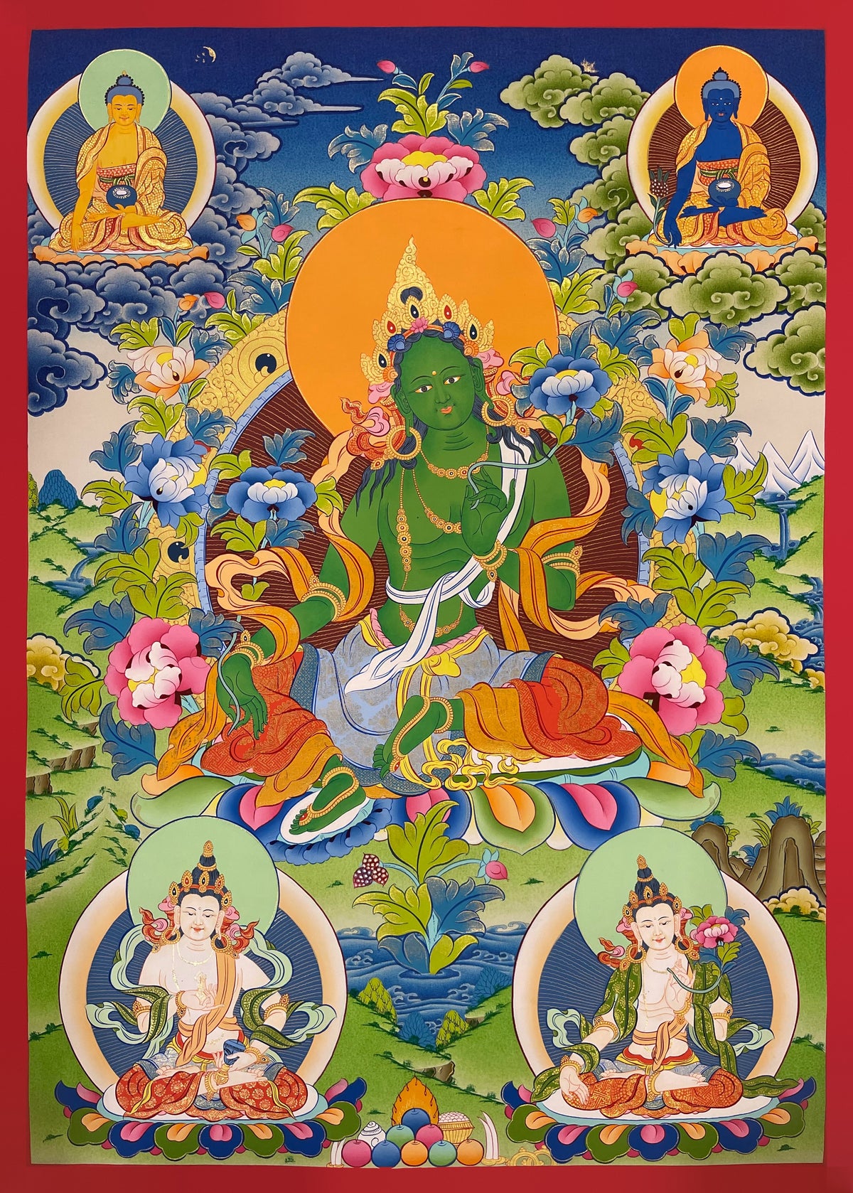 Green Tara thangka, 56×78 cm: Green Tara with Shakyamuni and the Medicine Buddha above and Vajrasattva below