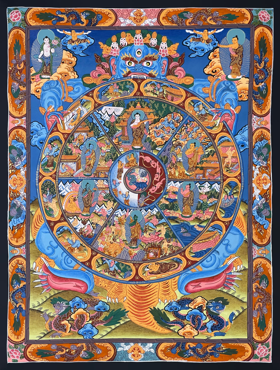 Wheel of Life thangka, 45×60 cm: blue Yama holding the Wheel of Life with the six realms and twelve links
