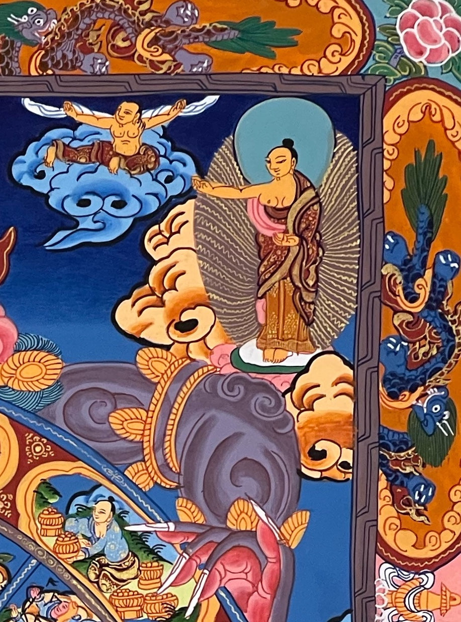 Wheel of Life thangka, detail: top-right corner