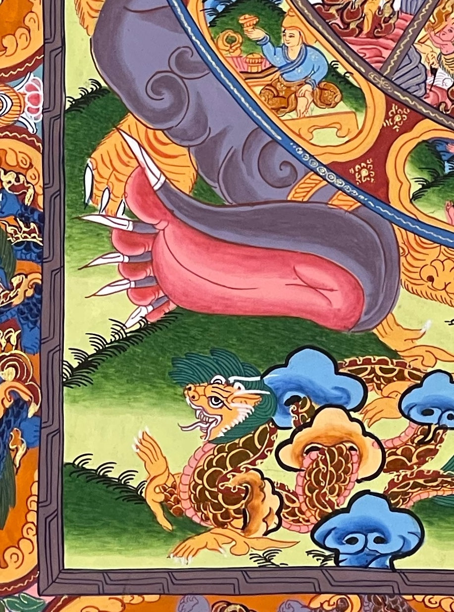 Wheel of Life thangka, detail: bottom-left corner