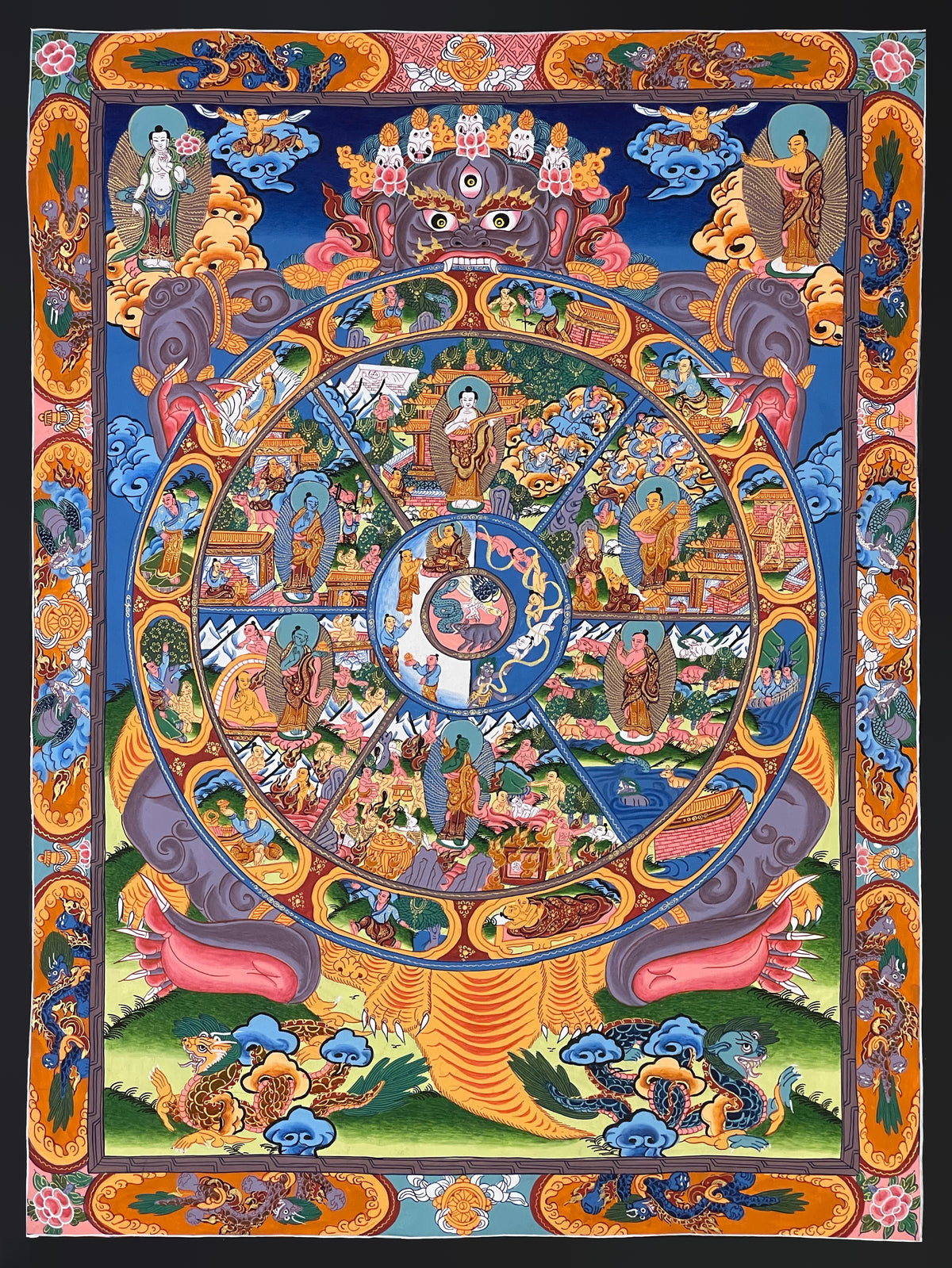 Wheel of Life thangka, 45×60 cm: grey-purple Yama holding the Wheel of Life under a deep blue sky, with a Buddha in each realm
