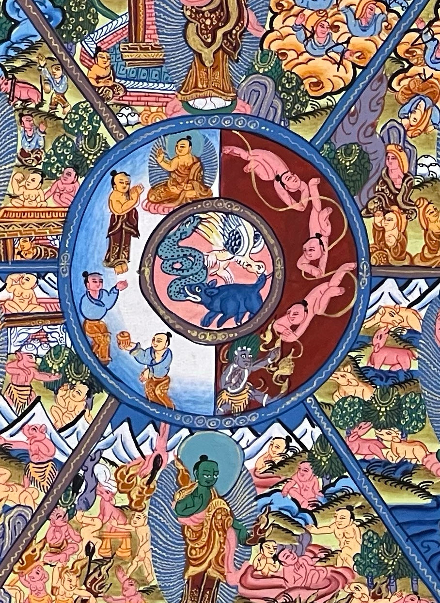 Wheel of Life thangka, 45×60 cm: blue Yama holding the Wheel of Life on deep blue, framed by an orange border of dragons