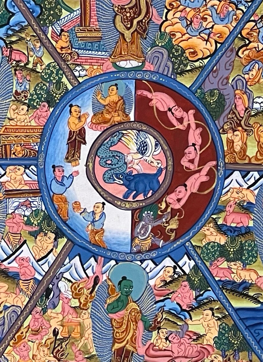 Wheel of Life thangka, 45×60 cm: blue Yama holding the Wheel of Life on deep blue, framed by an orange border of dragons