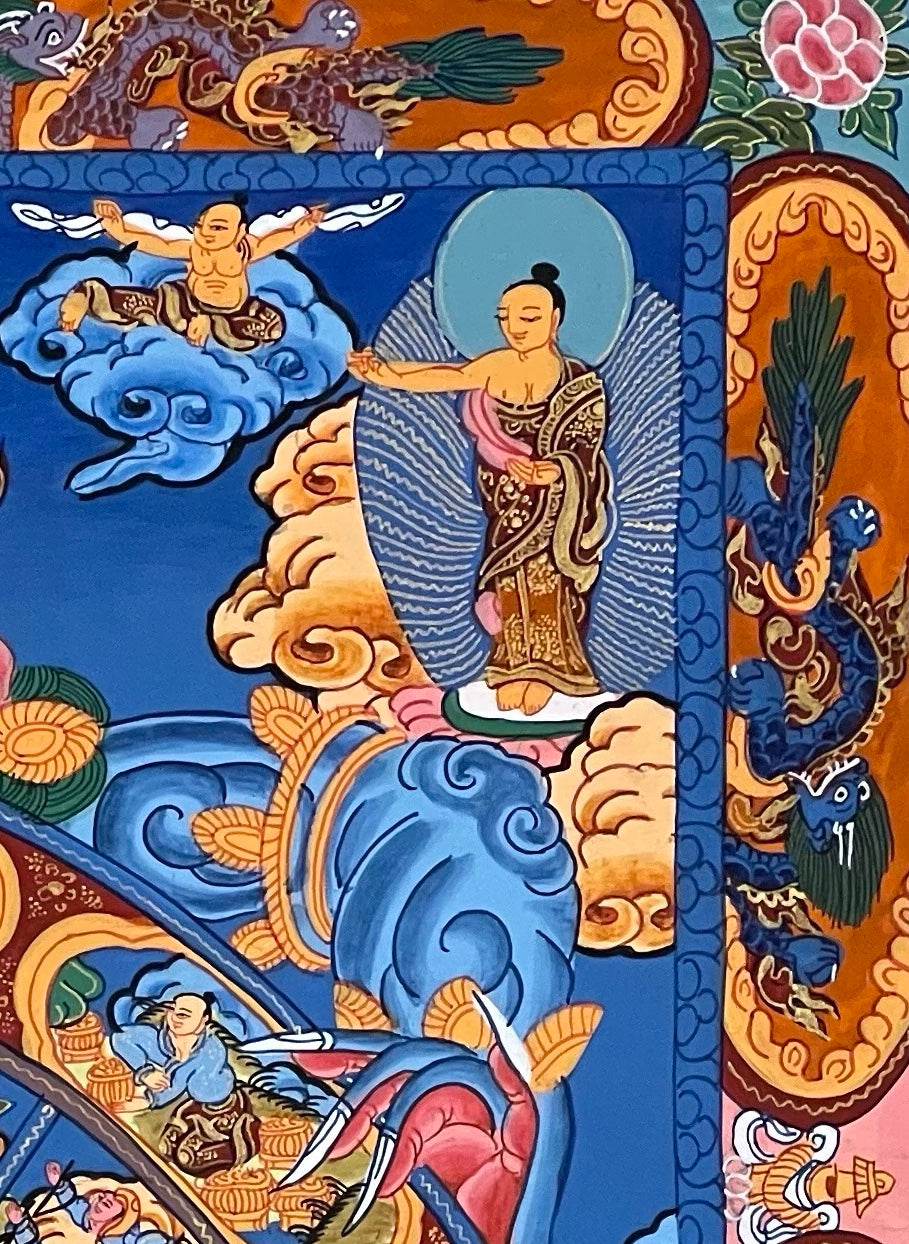 Wheel of Life thangka, detail: top-right corner