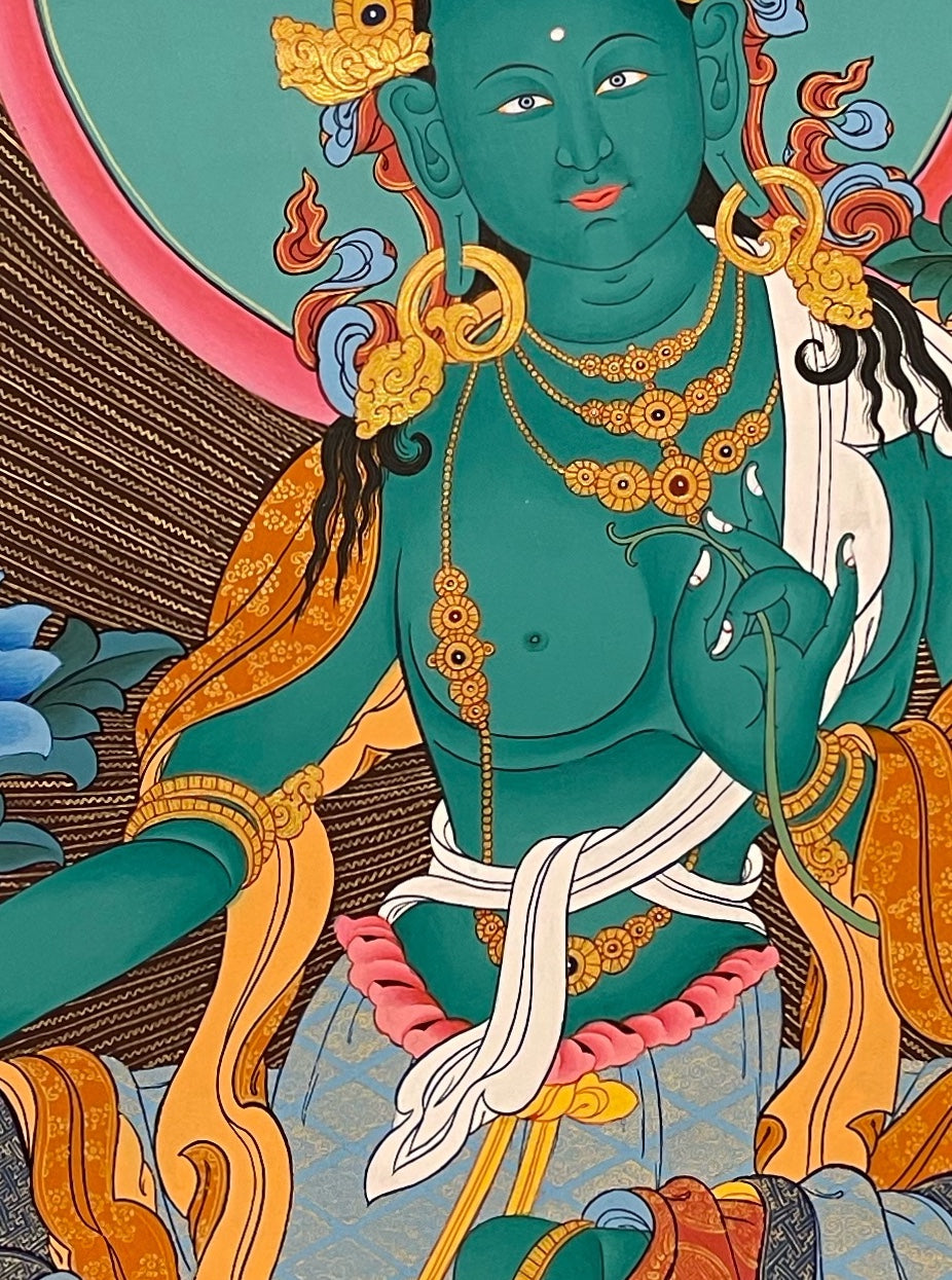 Green Tara thangka, 63×87 cm: Green Tara on a lotus with five Buddhas above