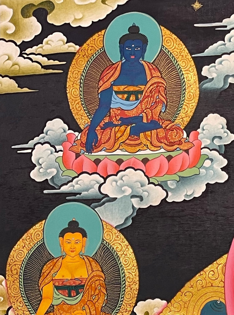 Green Tara thangka, detail: top-left corner