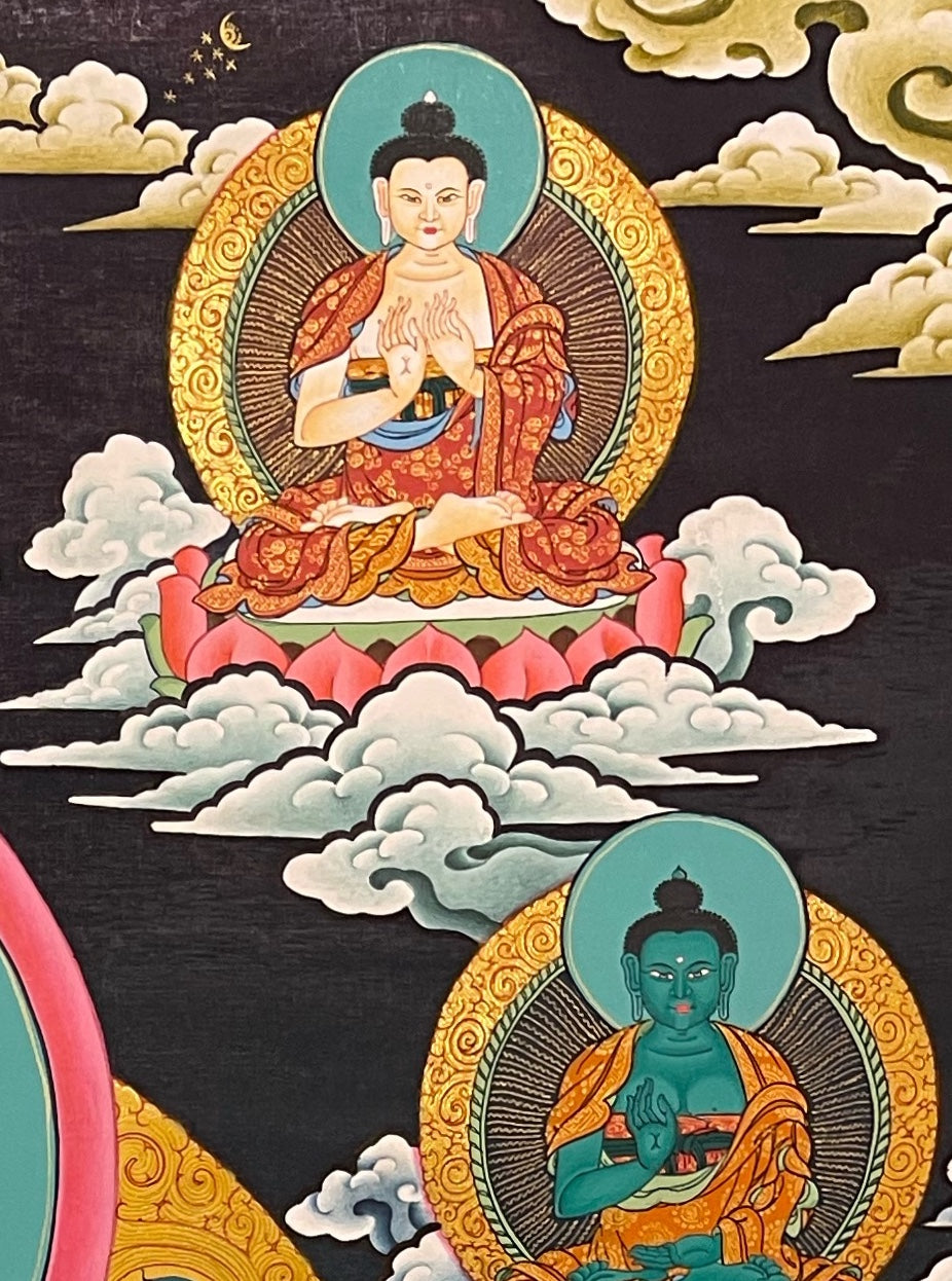 Green Tara thangka, detail: top-right corner