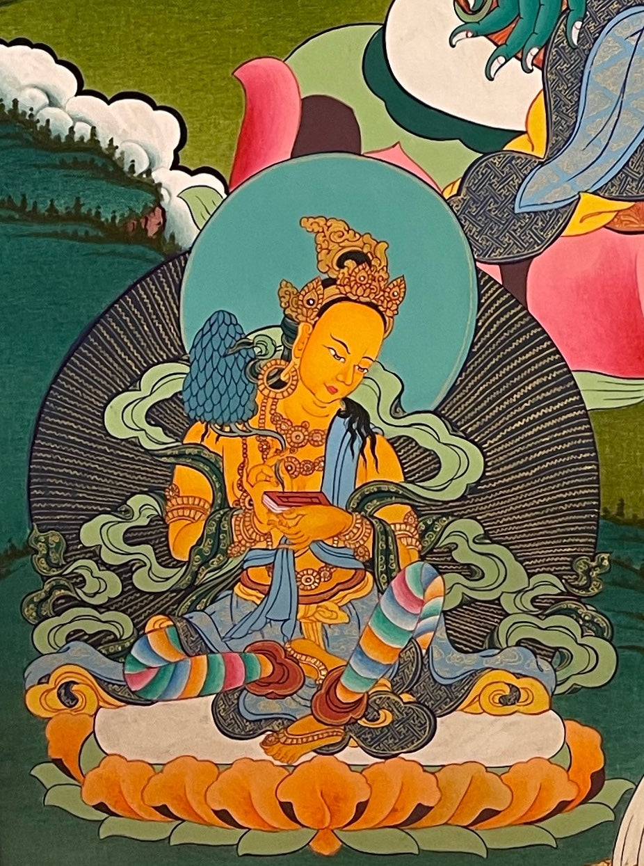 Green Tara thangka, detail: bottom-left corner