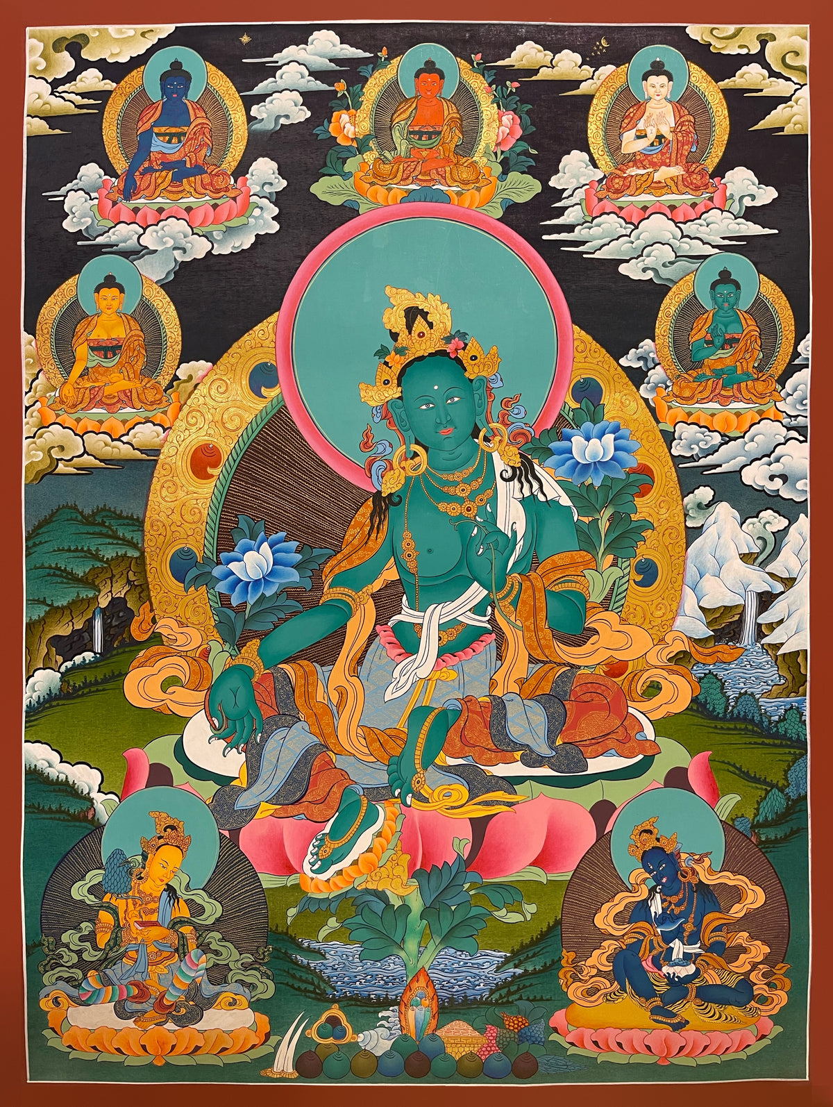 Green Tara thangka, 63×87 cm: Green Tara on a lotus with five Buddhas above