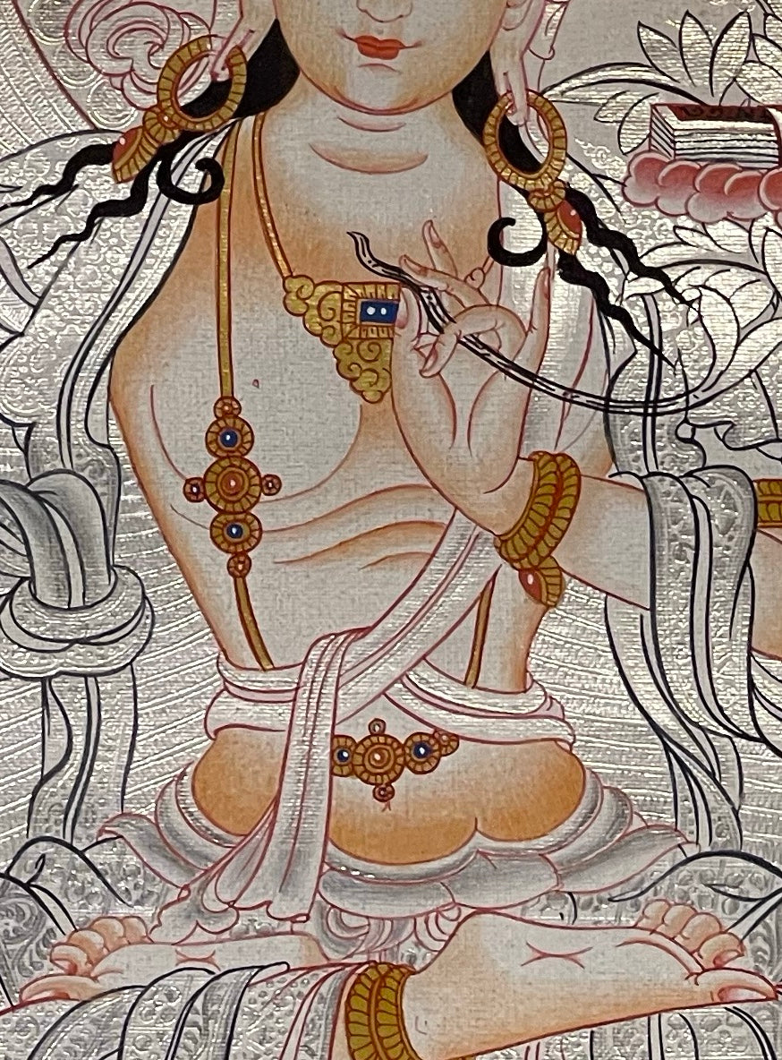 Manjushri thangka, 38×49 cm: Manjushri raising his sword in a pale silver-coloured palette, with the five Buddhas above