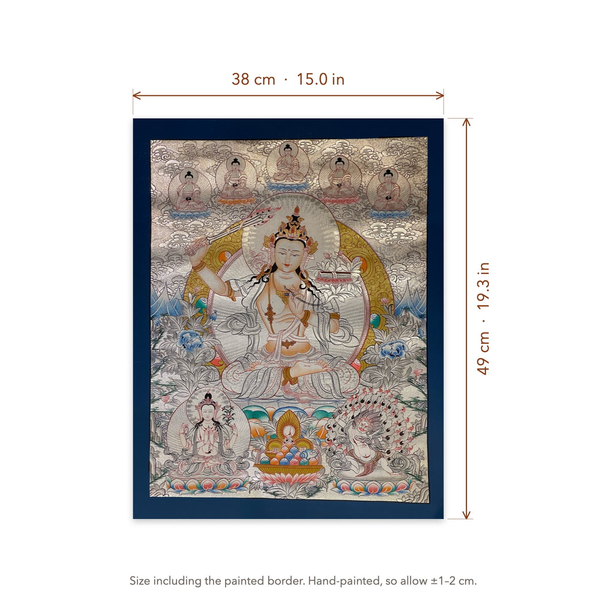 Size diagram: 38 × 49 cm (15.0 × 19.3 in), including the painted border