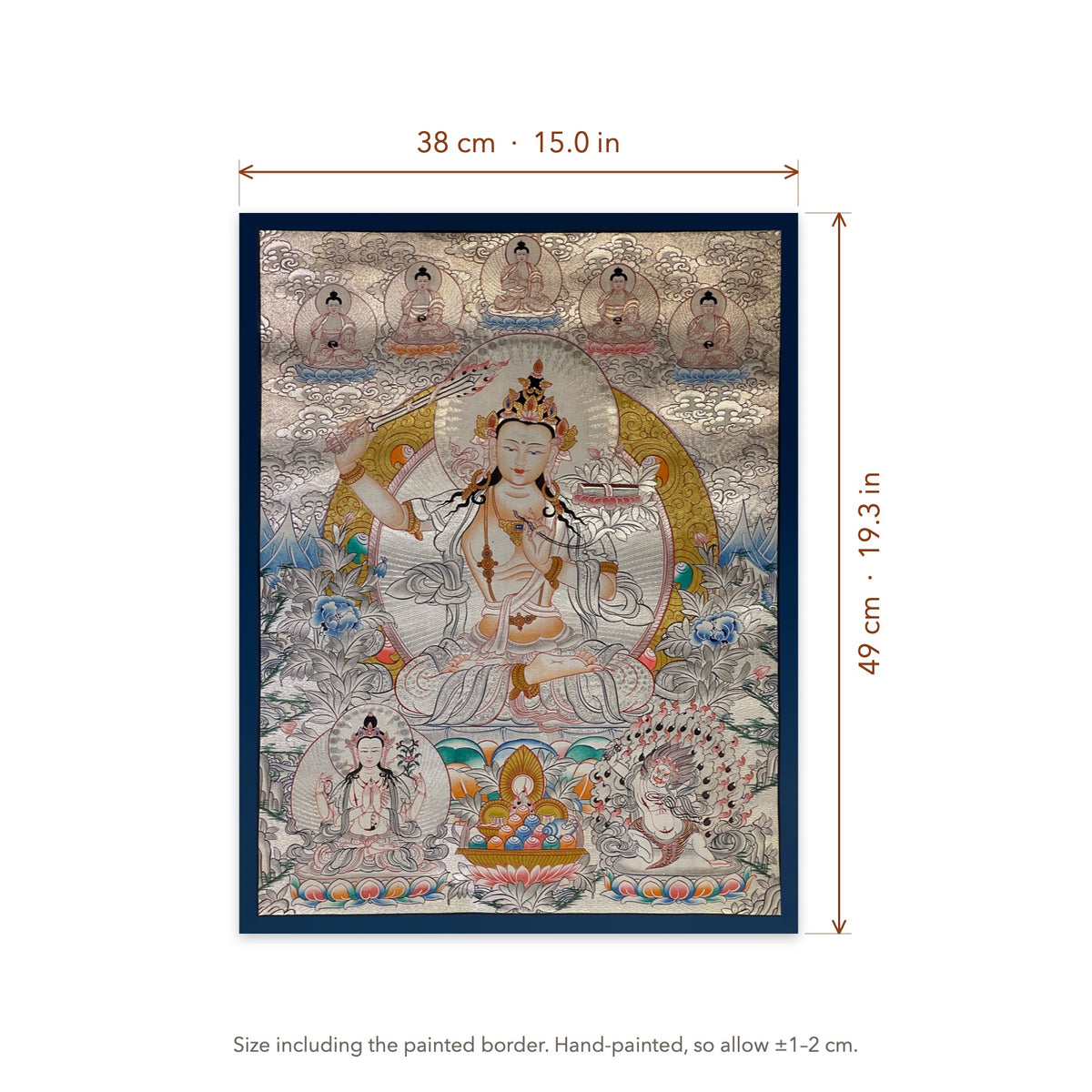 Size diagram: 38 × 49 cm (15.0 × 19.3 in), including the painted border