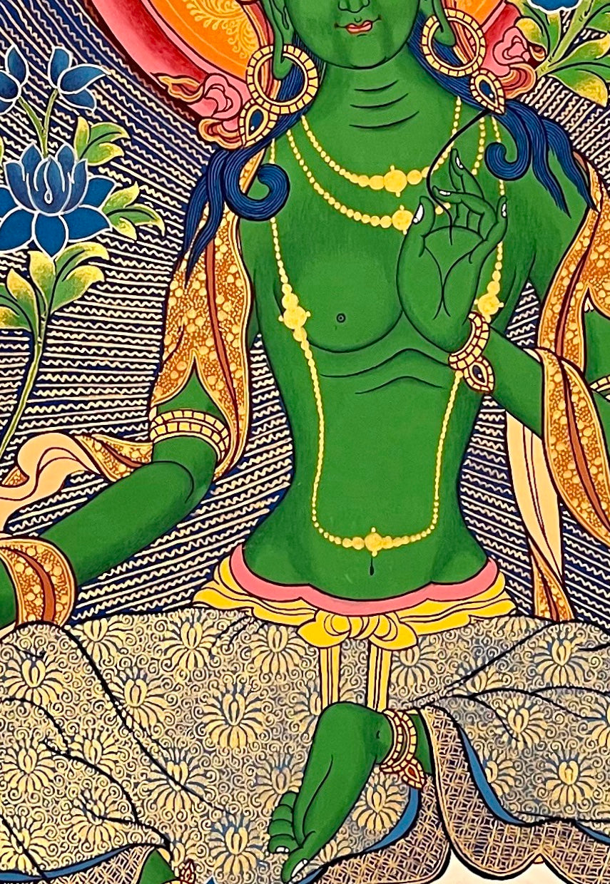 Green Tara thangka, 73×103 cm: Green Tara over a river, with the five Buddhas above and Amitayus, White Tara and Namgyalma below