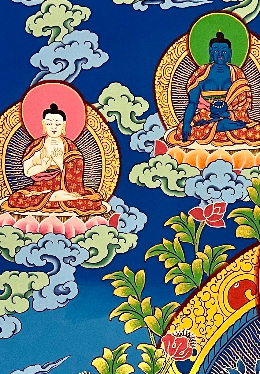 Green Tara thangka, detail: top-left corner