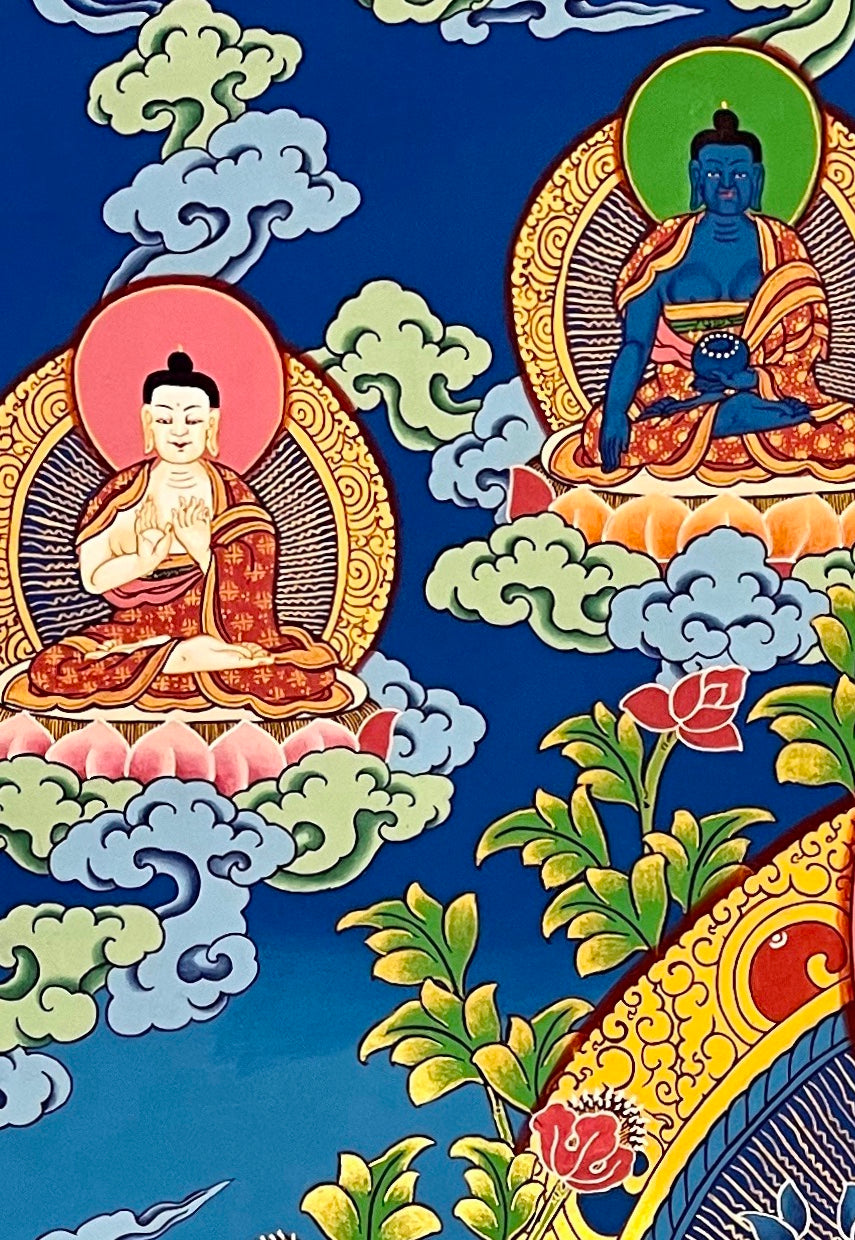 Green Tara thangka, detail: top-left corner
