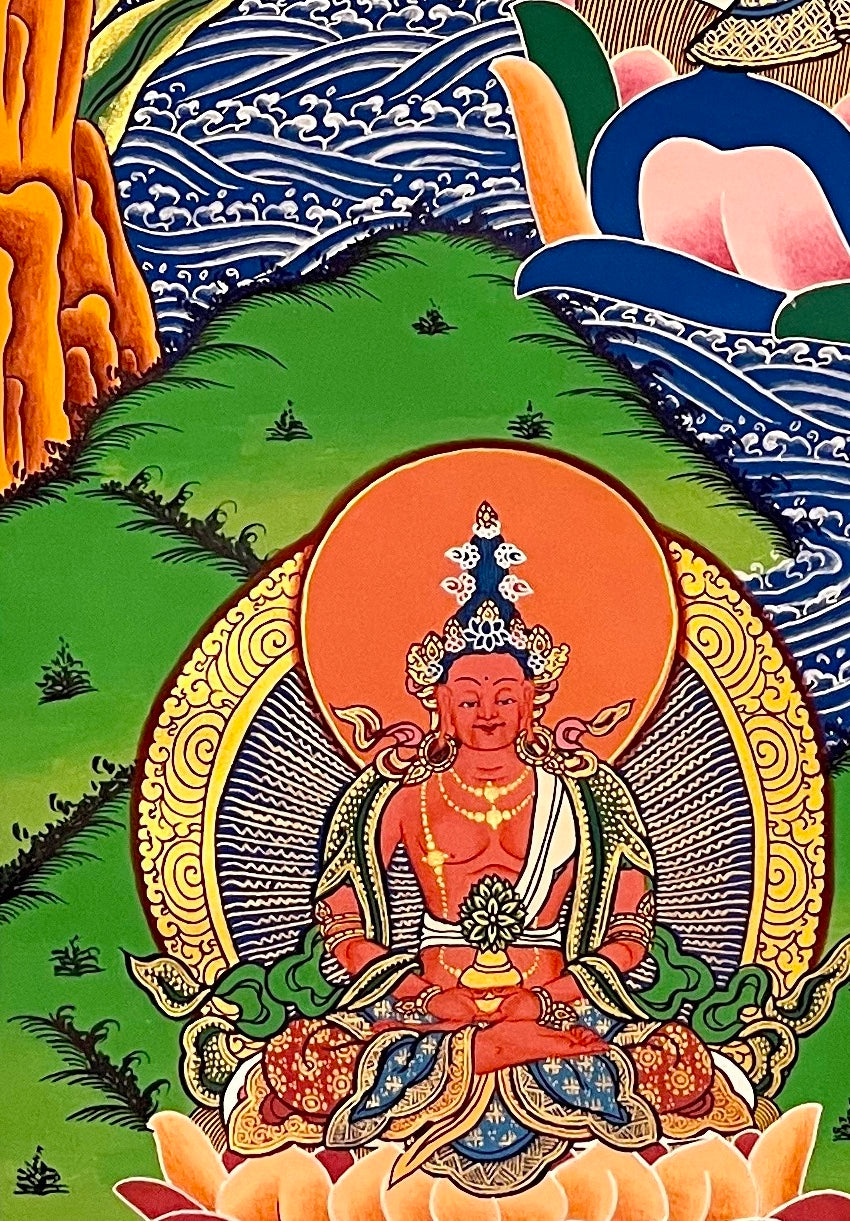 Green Tara thangka, detail: bottom-left corner