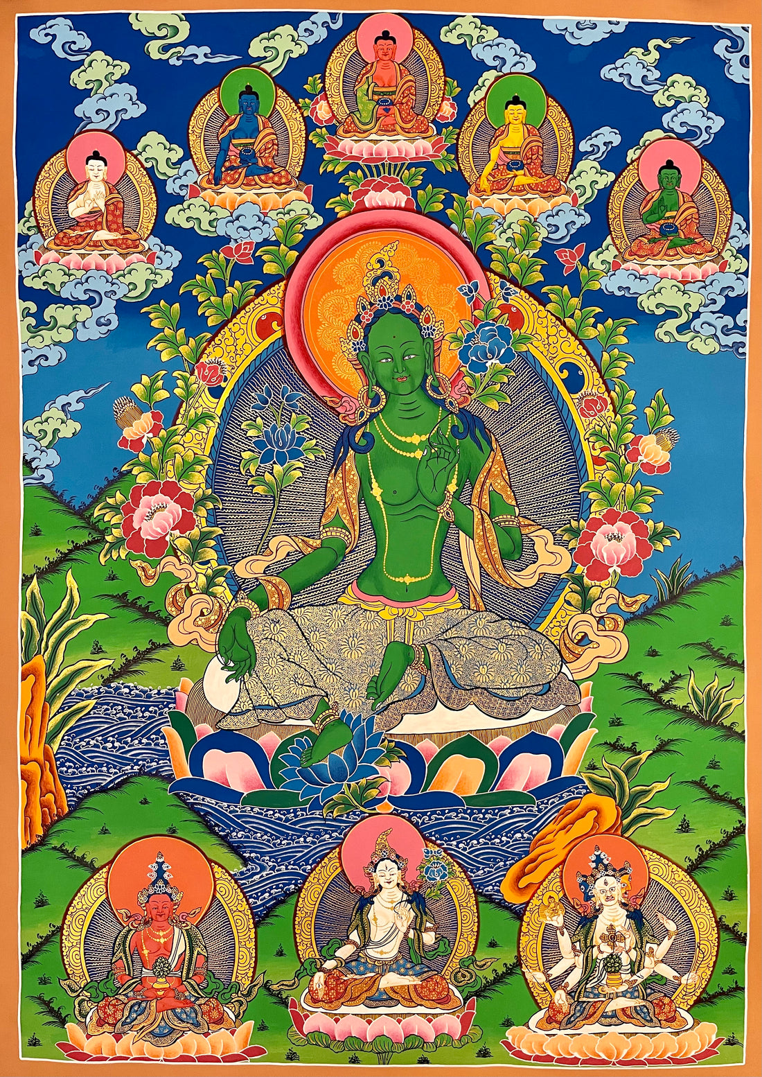 Green Tara thangka, 73×103 cm: Green Tara over a river, with the five Buddhas above and Amitayus, White Tara and Namgyalma below