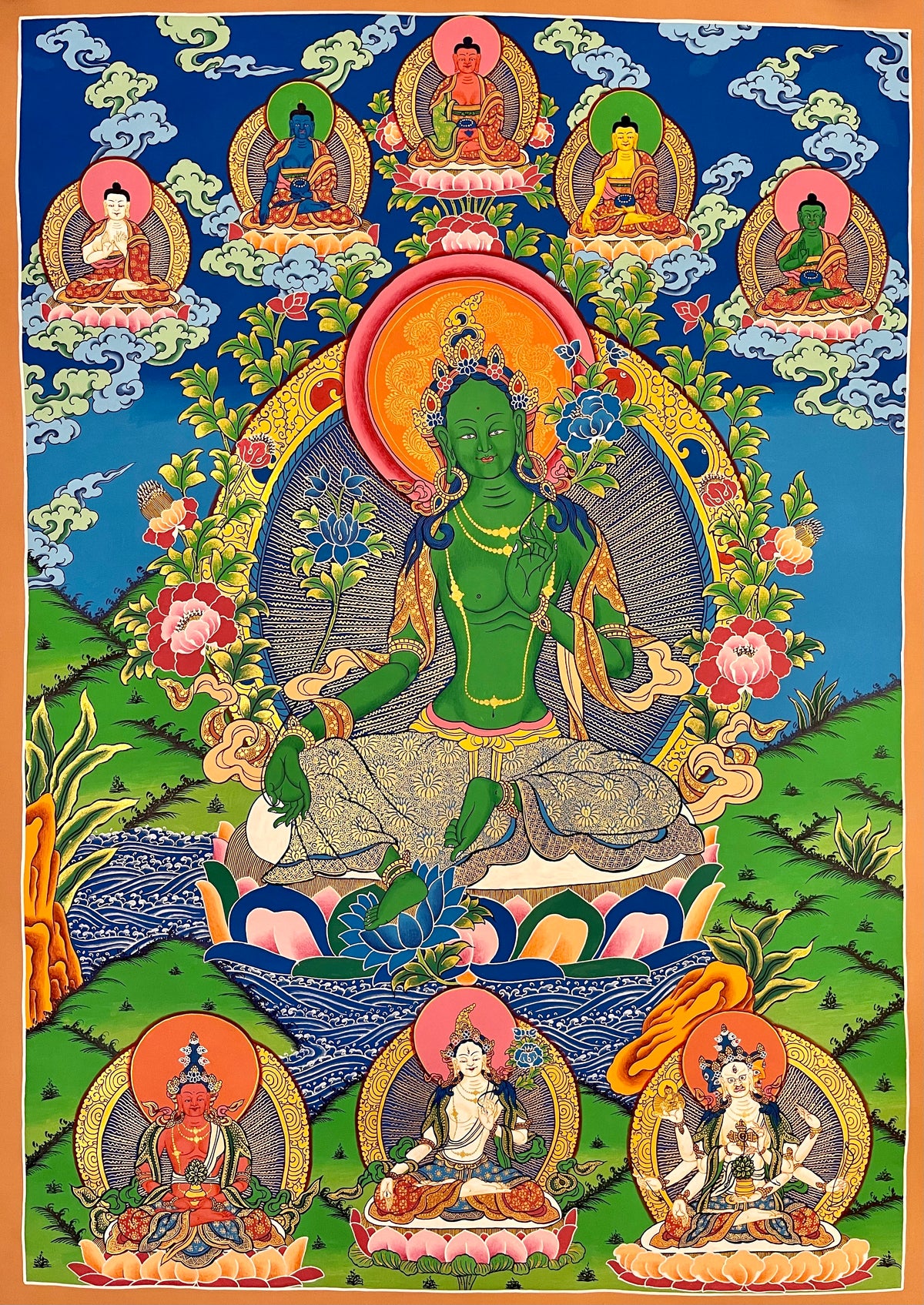Green Tara thangka, 73×103 cm: Green Tara over a river, with the five Buddhas above and Amitayus, White Tara and Namgyalma below