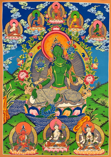 Green Tara thangka, 73×103 cm: Green Tara over a river, with the five Buddhas above and Amitayus, White Tara and Namgyalma below