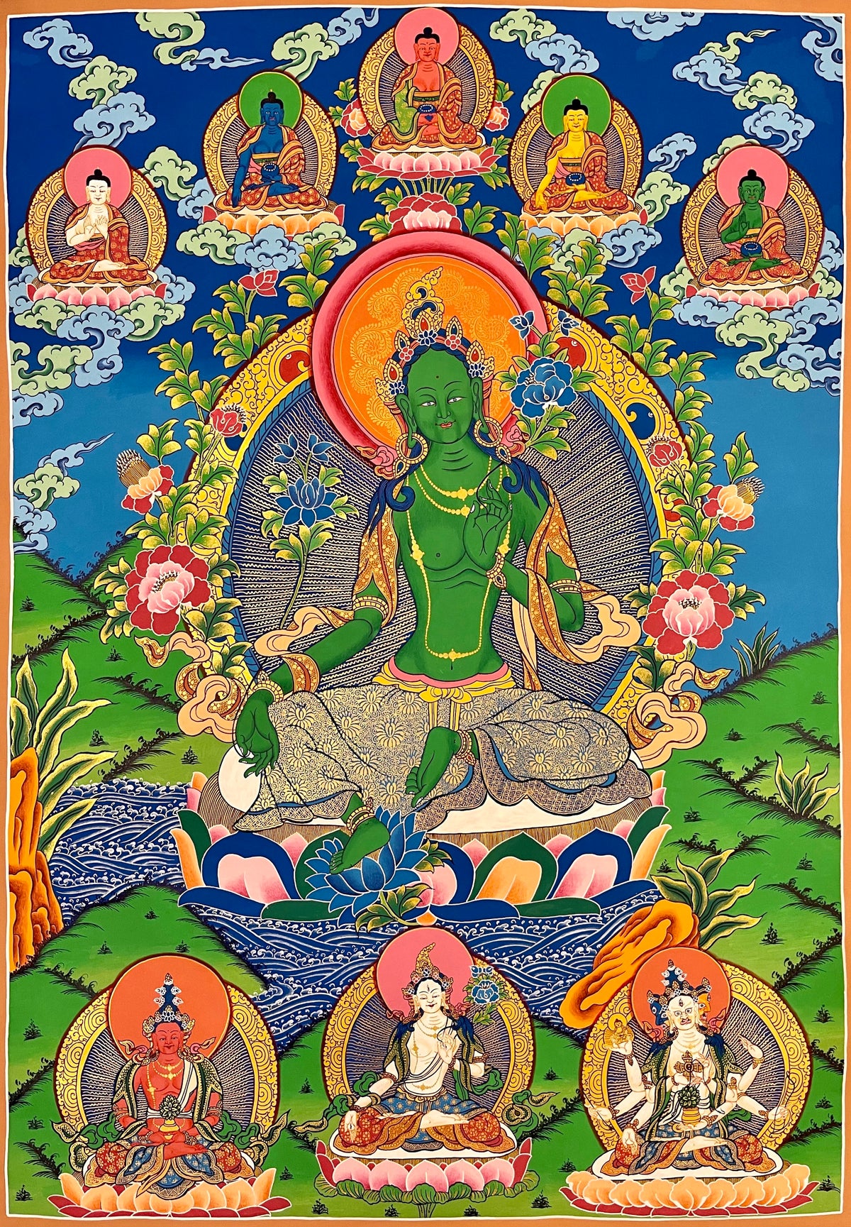 Green Tara thangka, 73×103 cm: Green Tara over a river, with the five Buddhas above and Amitayus, White Tara and Namgyalma below