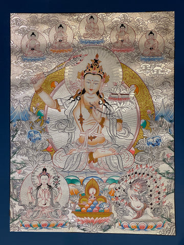 Manjushri thangka, 38×49 cm: Manjushri raising his sword in a pale silver-coloured palette, with the five Buddhas above