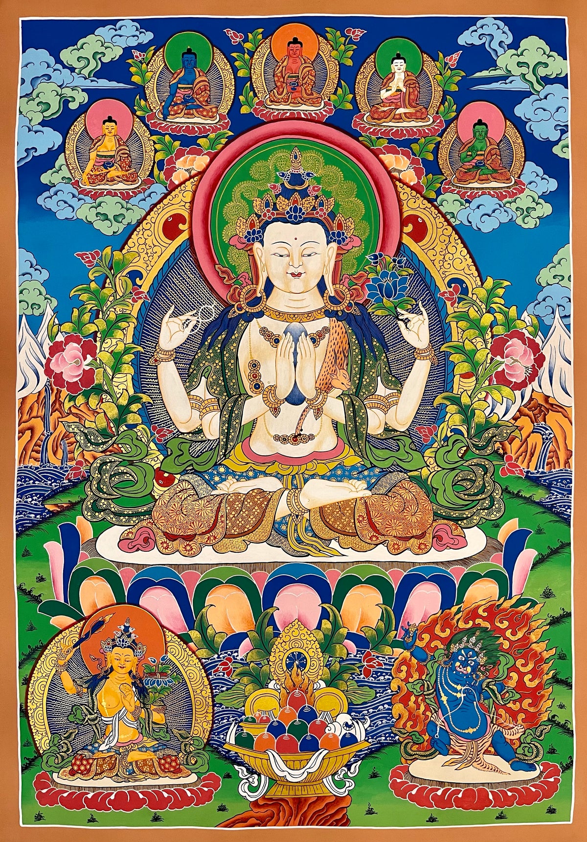 Chenrezig thangka, 70×100 cm: four-armed Chenrezig with the five Buddhas above and Manjushri and Vajrapani below